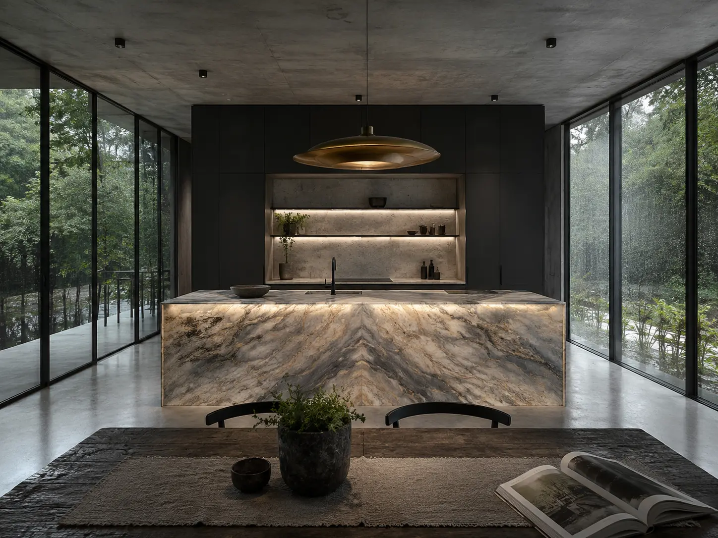 1_33_24 Luxury modern kitchen with illuminated marble island, brass pendant light and floor-to-ceiling glass walls | Sky Rye Design Luxury modern kitchen with illuminated marble island, brass pendant light and floor-to-ceiling glass walls