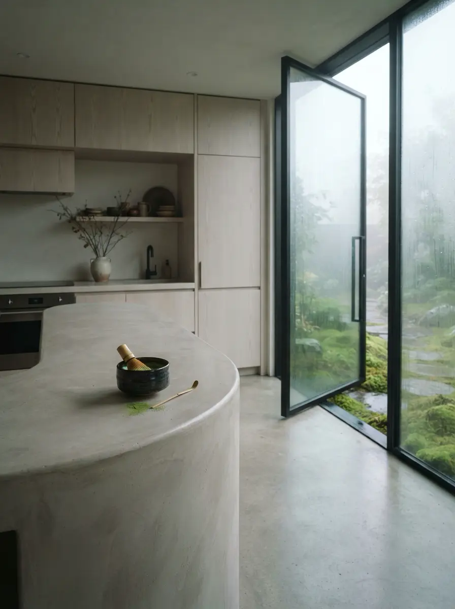 Kitchen_island_built-ins_matcha__202607142102 Modern minimalist kitchen with curved concrete island, matcha bowl on counter and open glass door to misty moss garden | Sky Rye Design Modern minimalist kitchen with curved concrete island, matcha bowl on counter and open glass door to misty moss garden