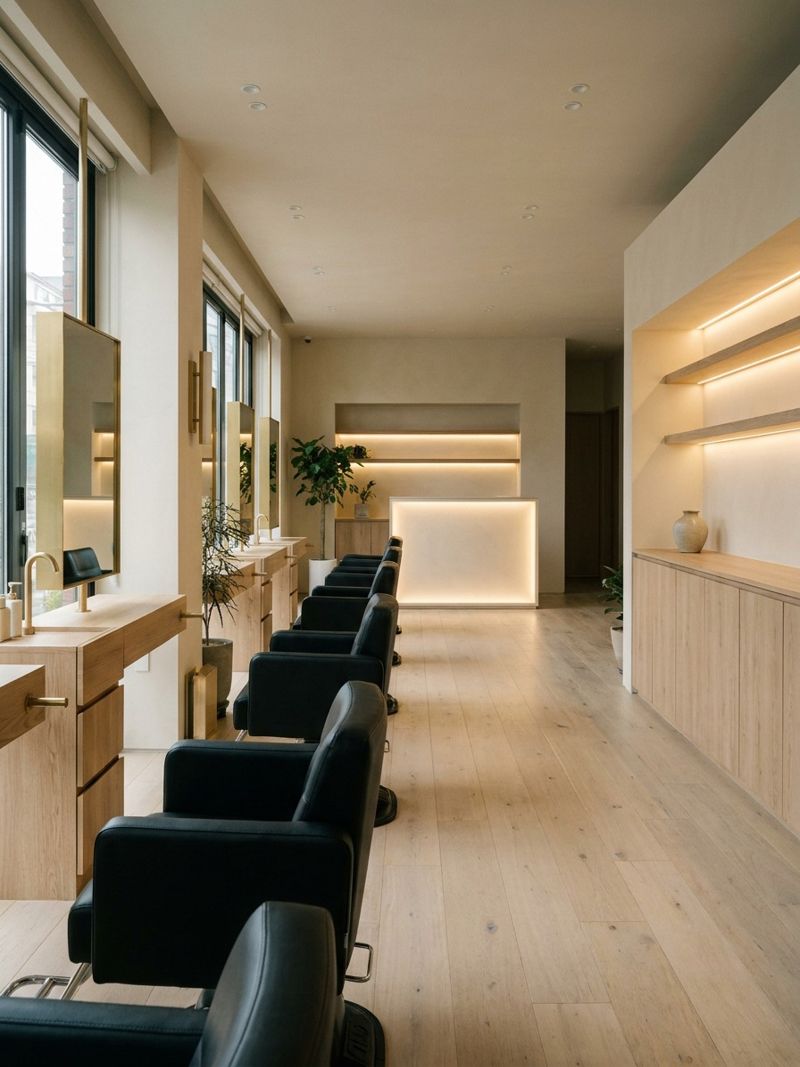 Minimalist Korean salon interior with raw oak stations Wide architectural shot of a minimalist Korean-style salon floor with raw oak styling stations, brushed brass fixtures, and black leather chairs | Sky Rye Design Wide architectural shot of a minimalist Korean-style salon floor with raw oak styling stations, brushed brass fixtures, and black leather chairs