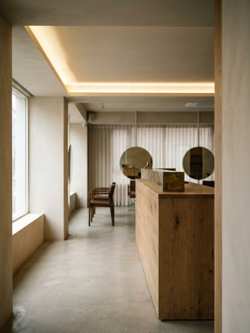 Reception and branding area of a minimalist Korean hair salon Angled entrance-view of a salon reception with a raw oak counter and brushed brass signage leading toward the styling floor | Sky Rye Design Angled entrance-view of a salon reception with a raw oak counter and brushed brass signage leading toward the styling floor