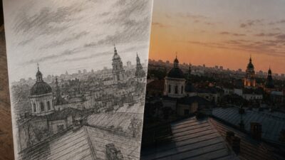 A Kyiv rooftop photo beside its pencil sketch conversion on a wooden desk.