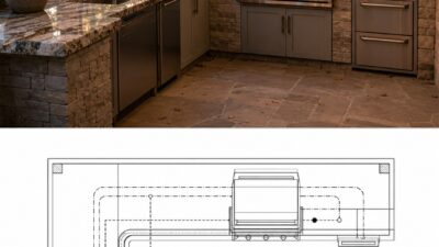 Split reference image showing an L-shaped outdoor kitchen and a matching utility routing floor plan.