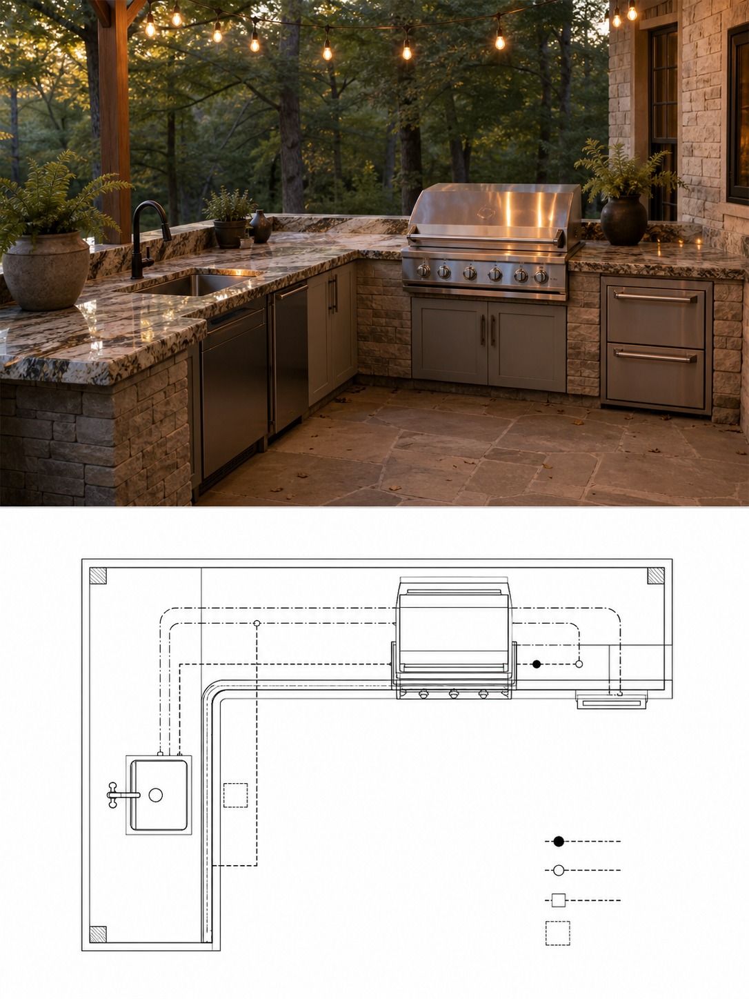 Split reference image showing an L-shaped outdoor kitchen and a matching utility routing floor plan.