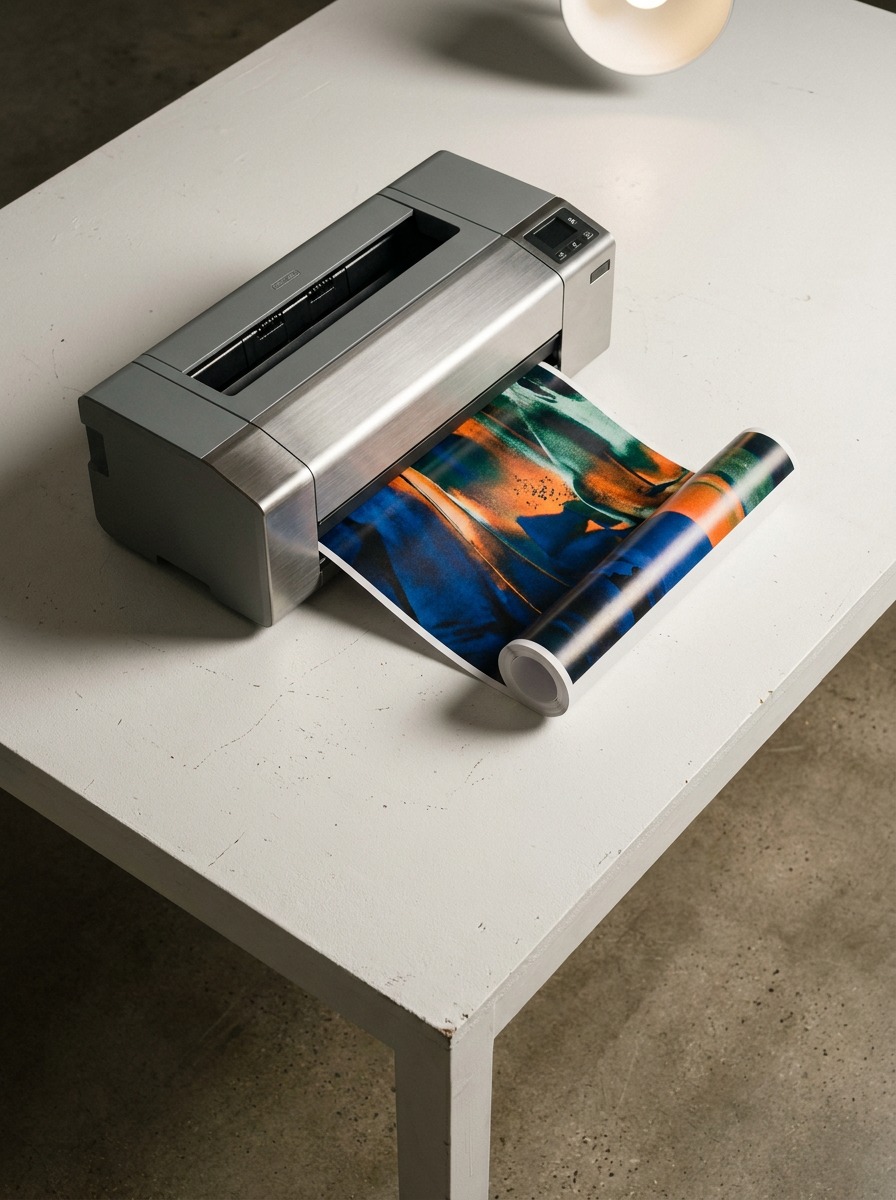 Large-format printer and poster output Silver desktop printer on a white table printing a colorful photo roll. | Sky Rye Design A compact large-format printer beside a freshly printed poster on a studio table.