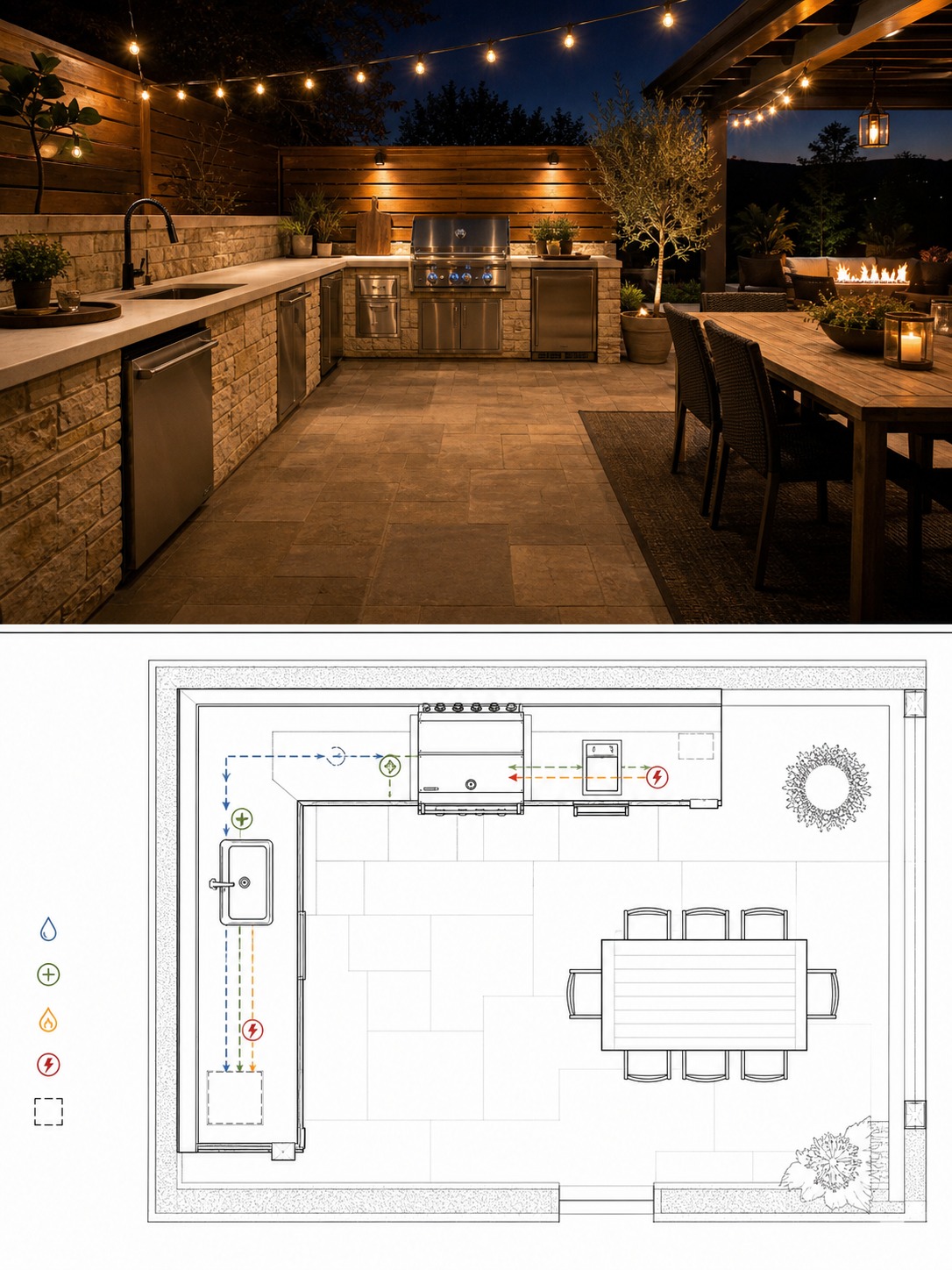 Split reference image showing a large outdoor kitchen with prep, cook, and dining zones plus a utility plan.