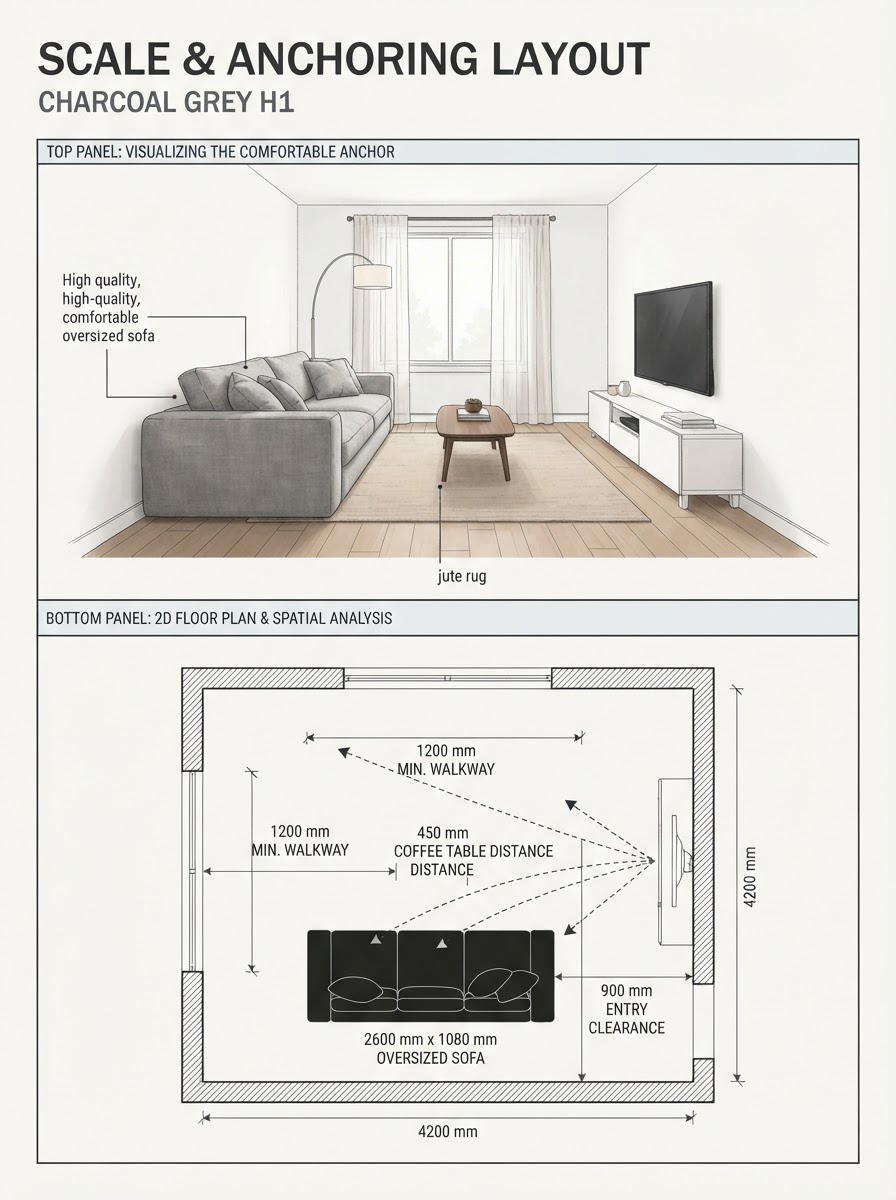 Large-Scale Furniture Placement Infographic Two-panel infographic: Small room with one large statement sofa; bottom panel is a 2D floor plan showing sightlines. | Sky Rye Design Two-panel infographic: Small room with one large statement sofa; bottom panel is a 2D floor plan showing sightlines.