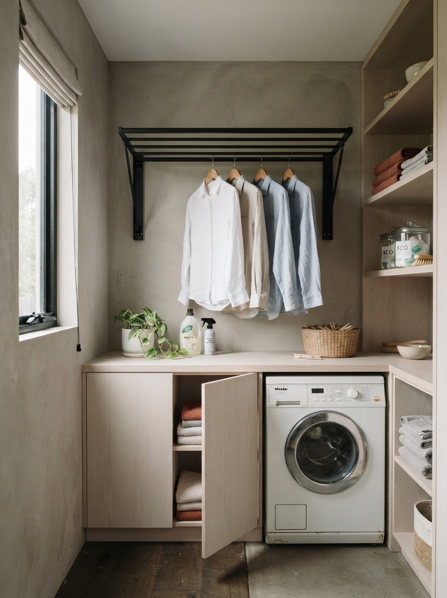 Minimalist Laundry Room Folding Drying Rack Minimalist laundry room featuring a wall-mounted folding drying rack extended with hanging clothes. | Sky Rye Design Minimalist laundry room featuring a wall-mounted folding drying rack extended with hanging clothes.