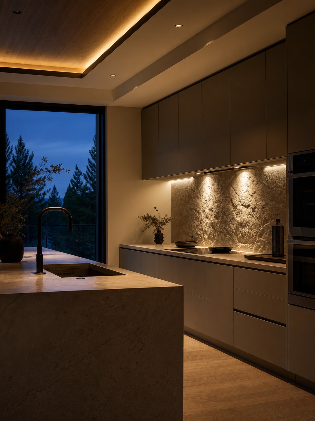 Layered lighting in a luxury kitchen at dusk Luxury kitchen at dusk with under-cabinet task lighting, warm ambient ceiling light, and an accent-lit stone backsplash. | Sky Rye Design Luxury kitchen at dusk with under-cabinet task lighting, warm ambient ceiling light, and an accent-lit stone backsplash.