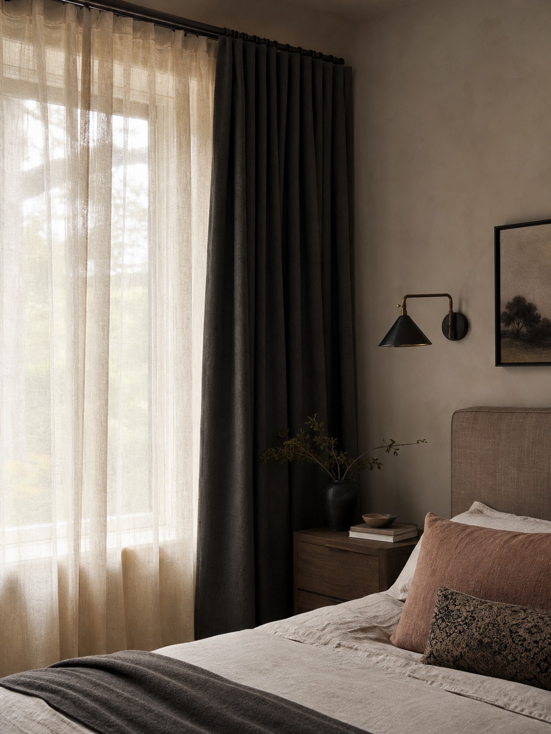 Layered window treatments for summer Bedroom window with sheer linen curtains and a heavier blackout drape layered for summer heat control. | Sky Rye Design Bedroom window with sheer linen curtains and a heavier blackout drape layered for summer heat control.