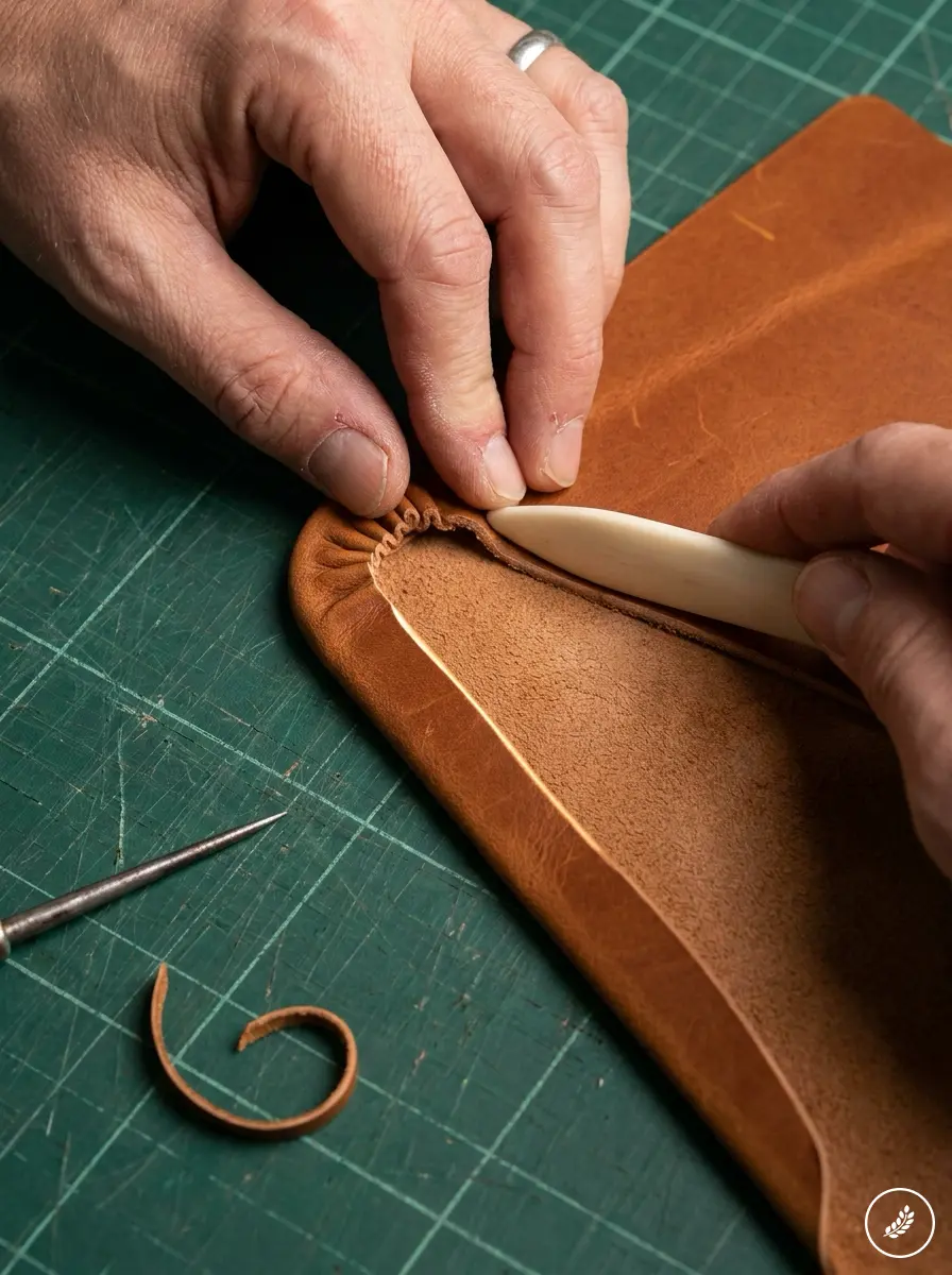Artisan_forming_leather_edge_202607250121 Leathercraft: hands using a bone folder to fold and burnish caramel leather edge on a green cutting mat with awl | Sky Rye Design Leathercraft: hands using a bone folder to fold and burnish caramel leather edge on a green cutting mat with awl