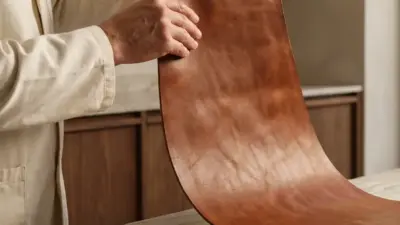 Artisan inspecting smooth brown leather hide over marble workbench, leatherworking awl in foreground