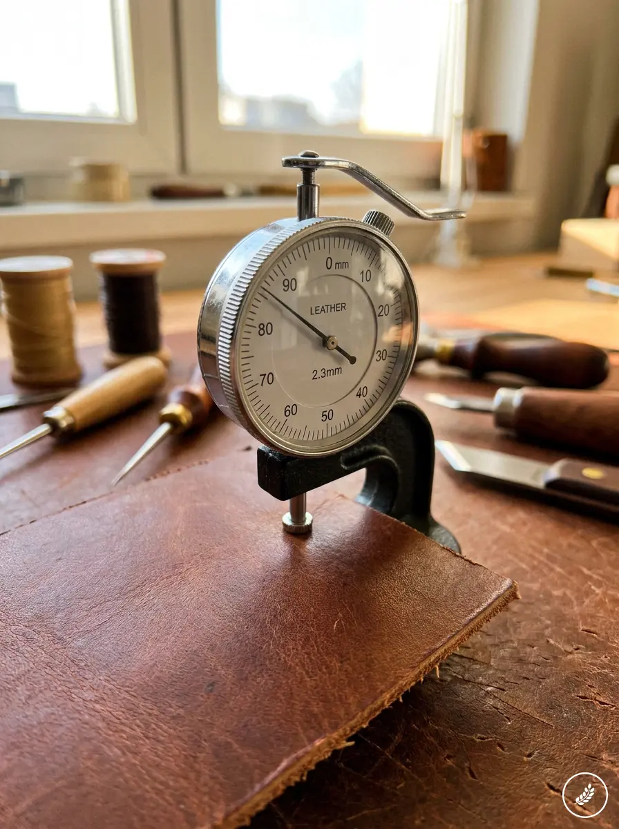 download 46 Leather thickness gauge dial measuring 2.3mm on brown leather hide with leatherworking tools and thread spools on workbench | Sky Rye Design Leather thickness gauge dial measuring 2.3mm on brown leather hide with leatherworking tools and thread spools on workbench