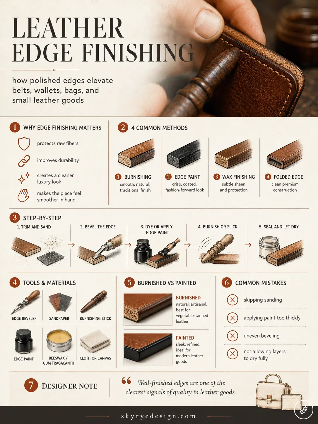 d95b2f60-84d7-4227-aa08-5c24ad3aaff5 Infographic: leather edge finishing guide-tools, step-by-step burnishing, edge paint, wax, folded edge, common mistakes. | Sky Rye Design Infographic: leather edge finishing guide-tools, step-by-step burnishing, edge paint, wax, folded edge, common mistakes.
