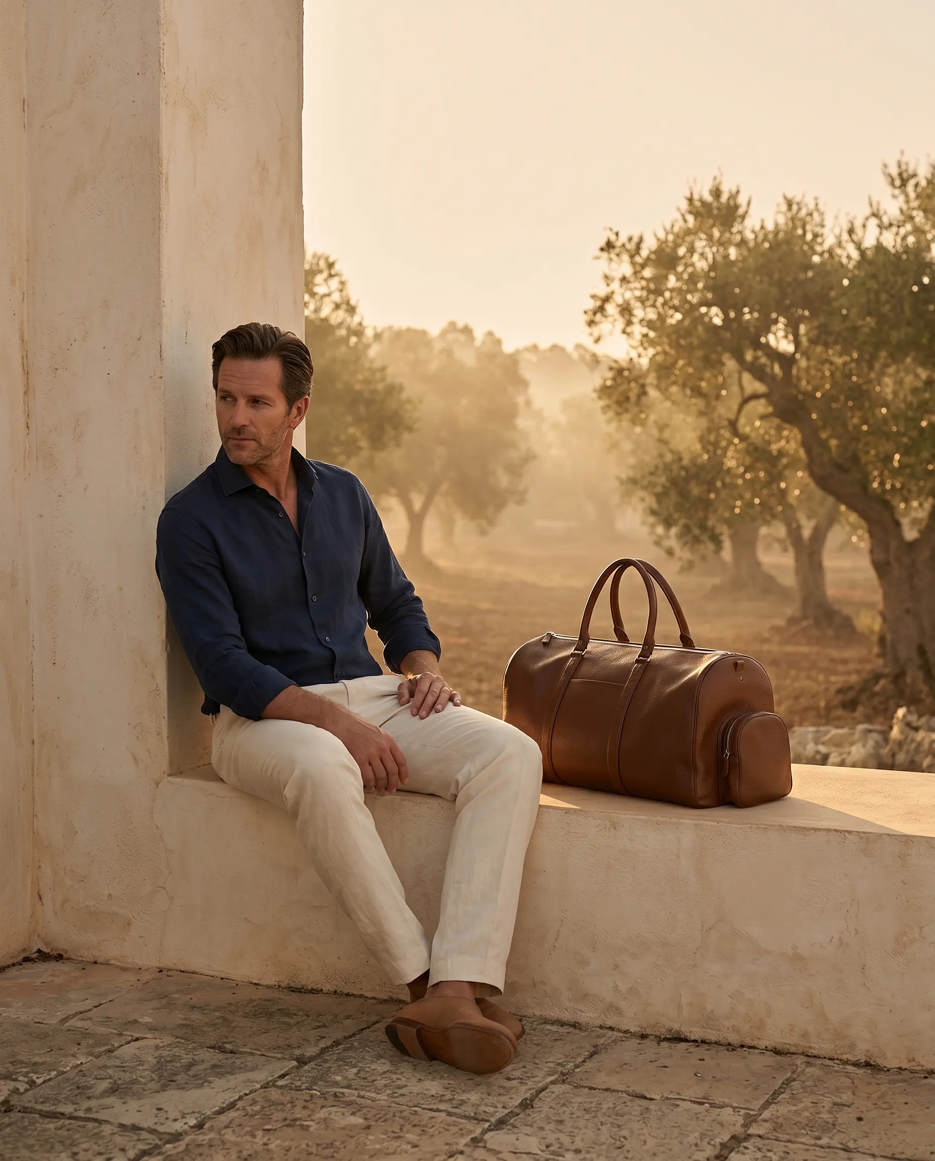 5 Brown leather duffel bag and stylish man sitting by stucco wall at sunset in olive grove - men's luxury travel. | Sky Rye Design Brown leather duffel bag and stylish man sitting by stucco wall at sunset in olive grove - men's luxury travel.