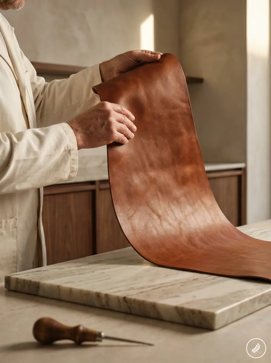 download 44 Artisan inspecting smooth brown leather hide over marble workbench, leatherworking awl in foreground | Sky Rye Design Artisan inspecting smooth brown leather hide over marble workbench, leatherworking awl in foreground