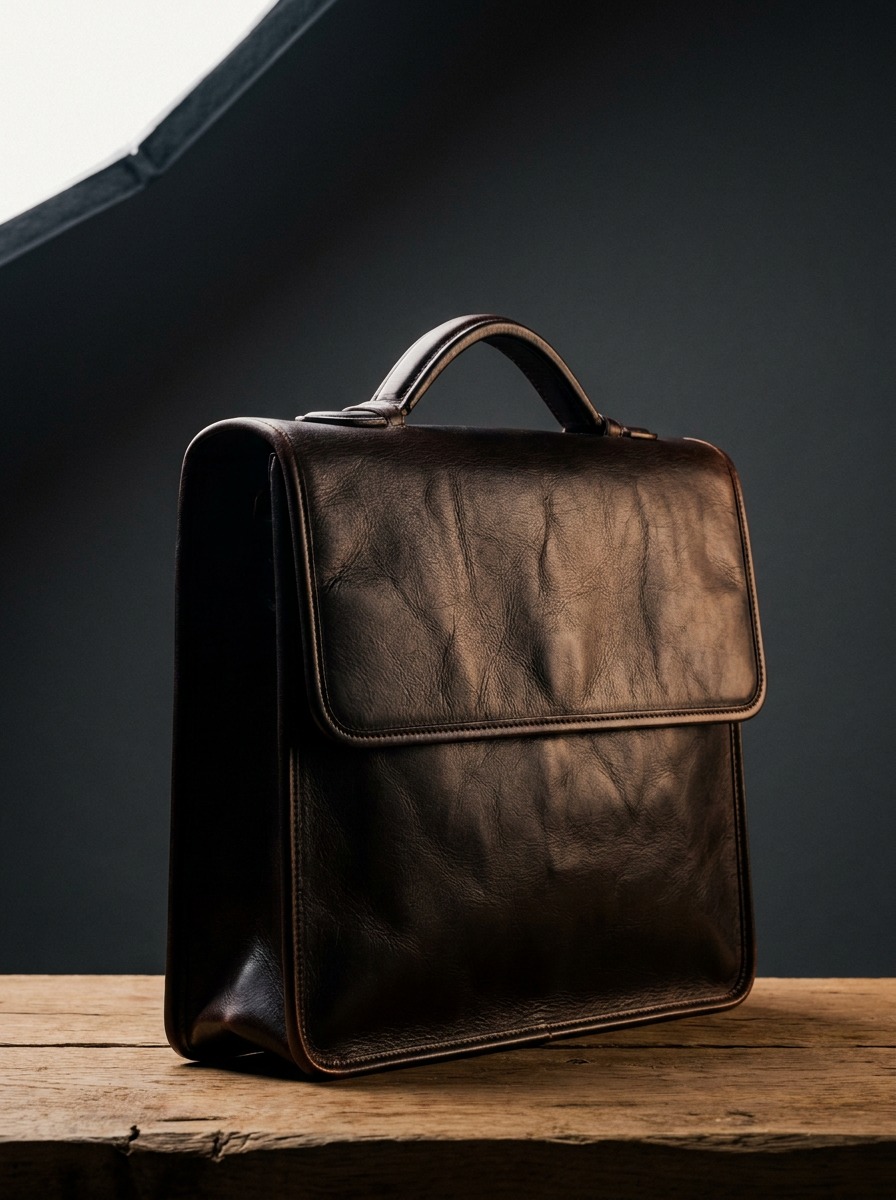 Leather briefcase with a folded edge finish Finished dark brown leather briefcase with a folded edge finish standing upright on a raw oak surface | Sky Rye Design Finished dark brown leather briefcase with a folded edge finish standing upright on a raw oak surface