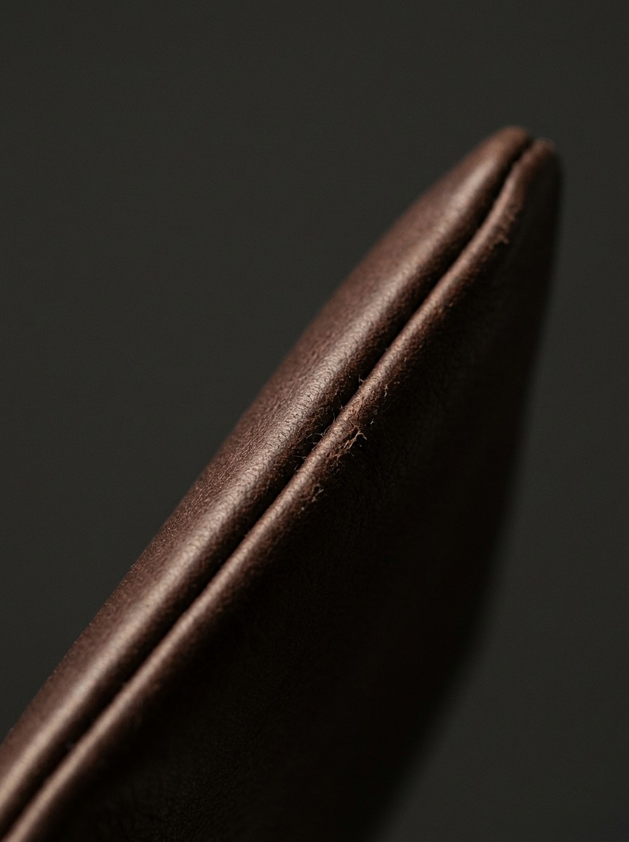 Folded leather edge grain macro detail Extreme close-up on a folded leather edge where the grain turns continuously around the boundary with no visible raw cut | Sky Rye Design Extreme close-up on a folded leather edge where the grain turns continuously around the boundary with no visible raw cut