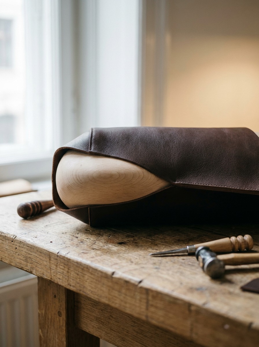 Leather panel compressed over a wooden last Leather panel compressed around a smooth wooden last mid-assembly on a raw oak workbench | Sky Rye Design Leather panel compressed around a smooth wooden last mid-assembly on a raw oak workbench