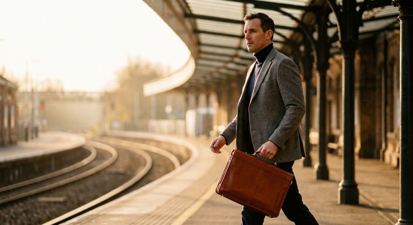 Leather briefcase carried through a train station at golden hour Well-dressed man in a herringbone blazer carrying a cognac leather briefcase with a folded edge along a historic train station platform at golden hour | Sky Rye Design Well-dressed man in a herringbone blazer carrying a cognac leather briefcase with a folded edge along a historic train station platform at golden hour