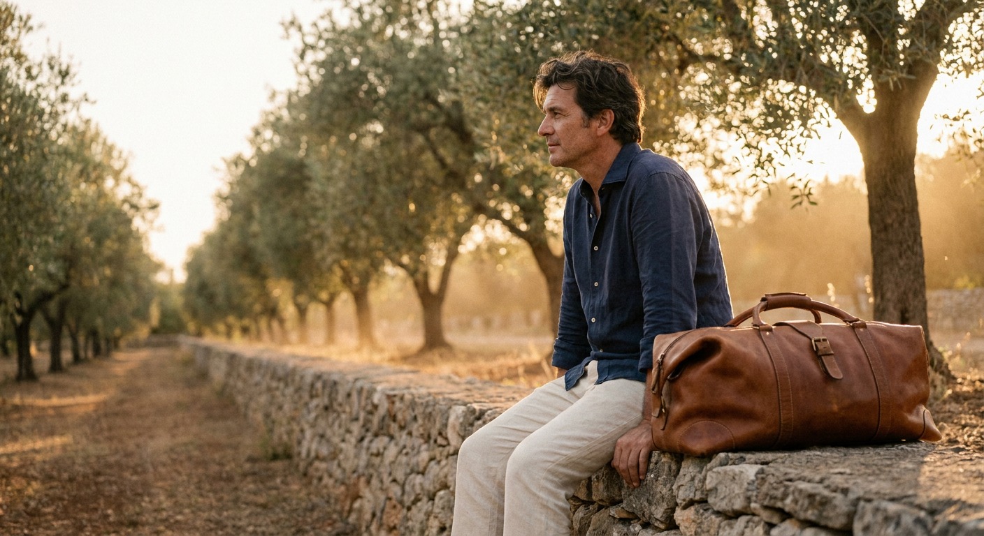 Leather weekend duffel resting on a stone wall in an olive grove Man in a linen shirt sitting on a stone wall in a golden-hour olive grove beside a cognac leather weekend duffel bag with a folded edge | Sky Rye Design Man in a linen shirt sitting on a stone wall in a golden-hour olive grove beside a cognac leather weekend duffel bag with a folded edge