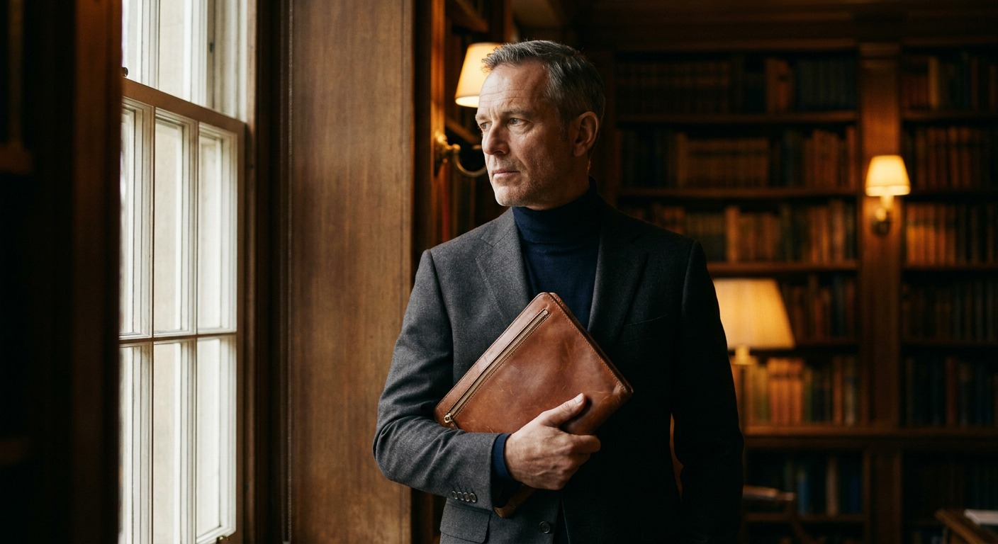 Leather portfolio held in a wood-paneled private library Man in a charcoal suit holding a cognac leather document portfolio with a folded edge beside a window in a wood-paneled private library | Sky Rye Design Man in a charcoal suit holding a cognac leather document portfolio with a folded edge beside a window in a wood-paneled private library