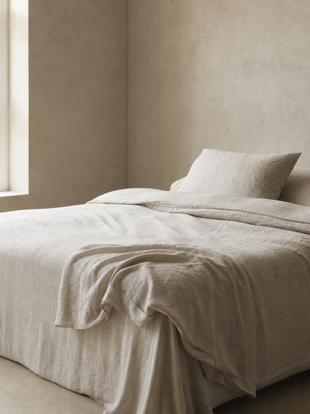 Lightweight linen bedding for a cool bedroom Pale lightweight linen bedding on a simple bed in soft morning light. | Sky Rye Design Pale lightweight linen bedding on a simple bed in soft morning light.