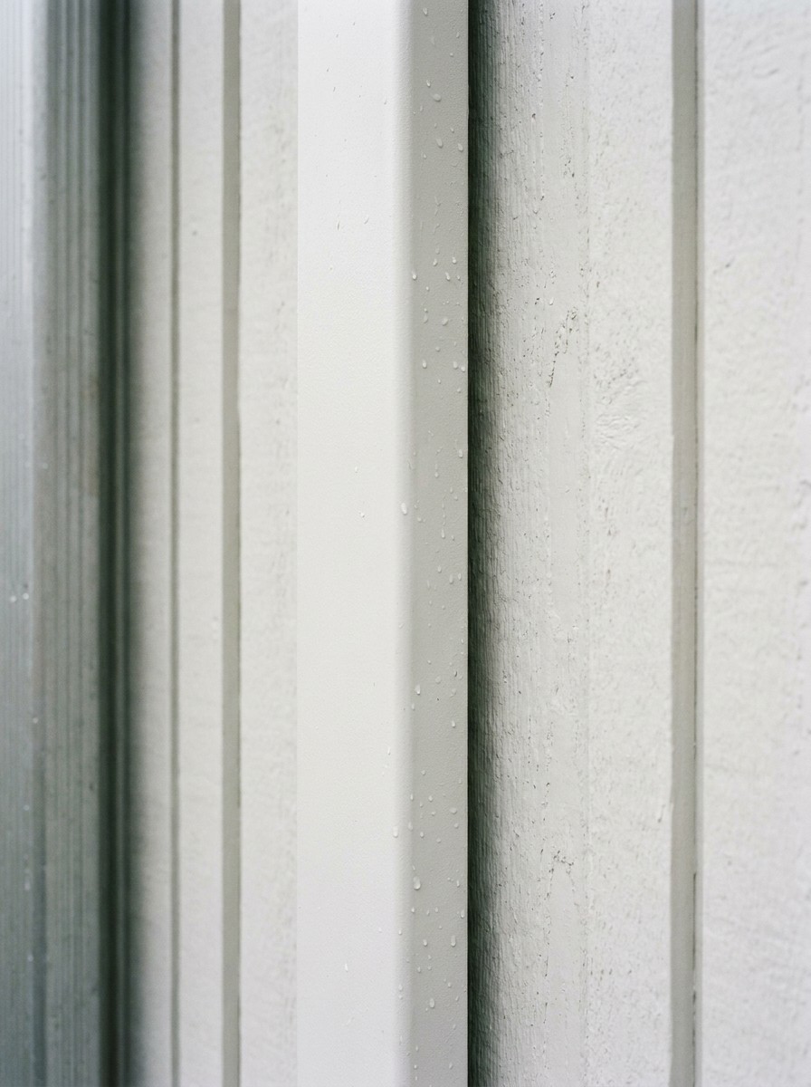 Close macro crop of a mini split line hide conduit painted white to match exterior siding