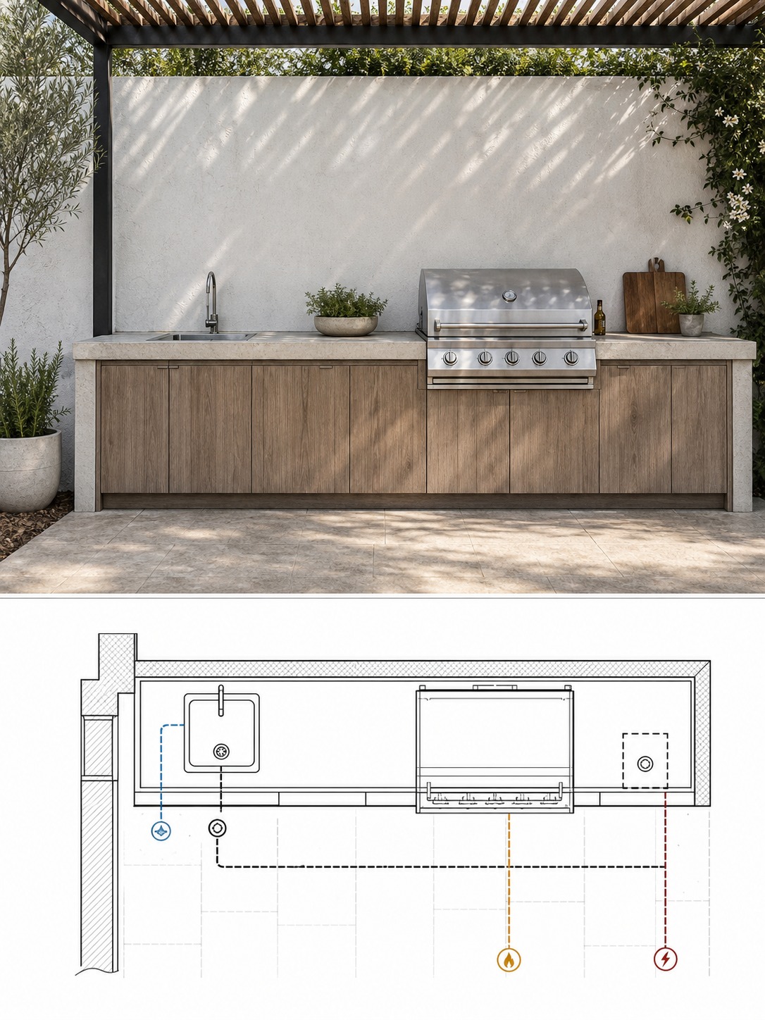 Split reference image showing a linear outdoor kitchen with sink, grill, and utility routes in plan view.