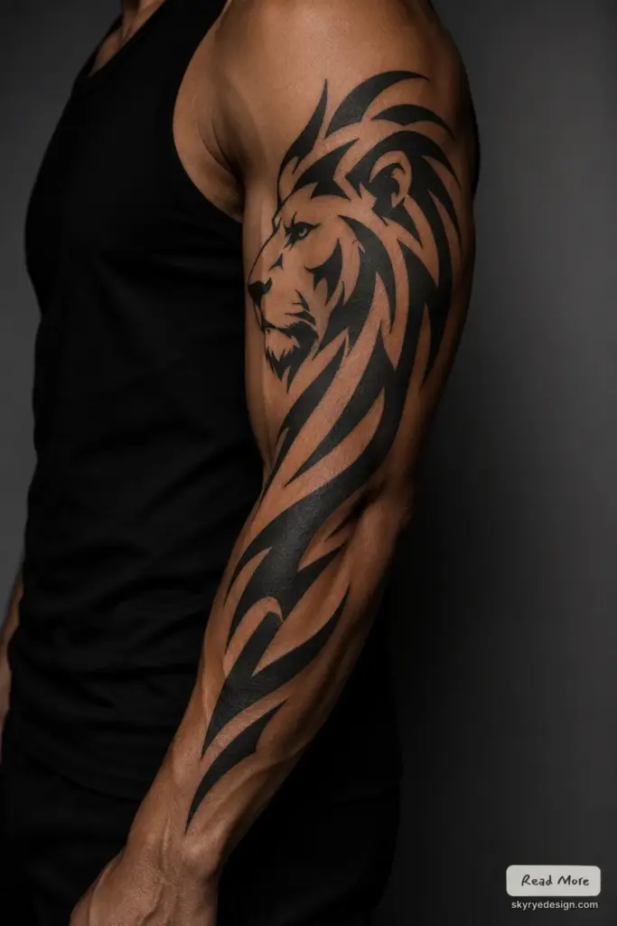 7c4eff2f-affe-4f85-8777-936fc3bec6cf Bold black tribal lion tattoo covering a man's upper arm and forearm, close-up on dark background | Sky Rye Design Bold black tribal lion tattoo covering a man's upper arm and forearm, close-up on dark background