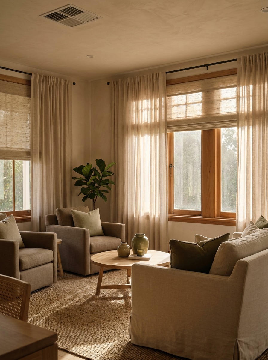 A sunlit living room uses sheer and blackout curtains to soften afternoon heat and glare.