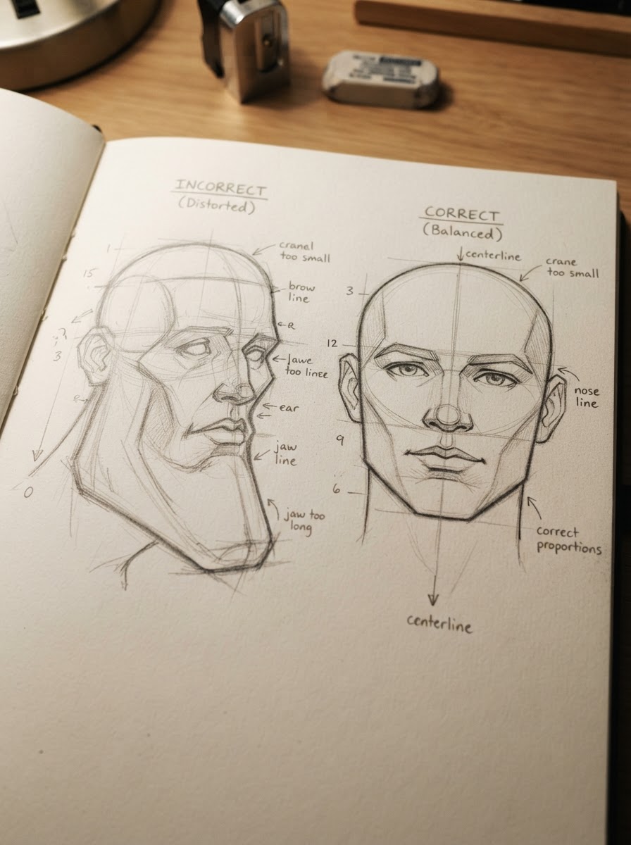 Loomis cranium and jaw mistake fix Before-and-after graphite sketches showing a small cranium with stretched jaw and a corrected balanced head. | Sky Rye Design Before-and-after graphite sketches showing a small cranium with stretched jaw and a corrected balanced head.
