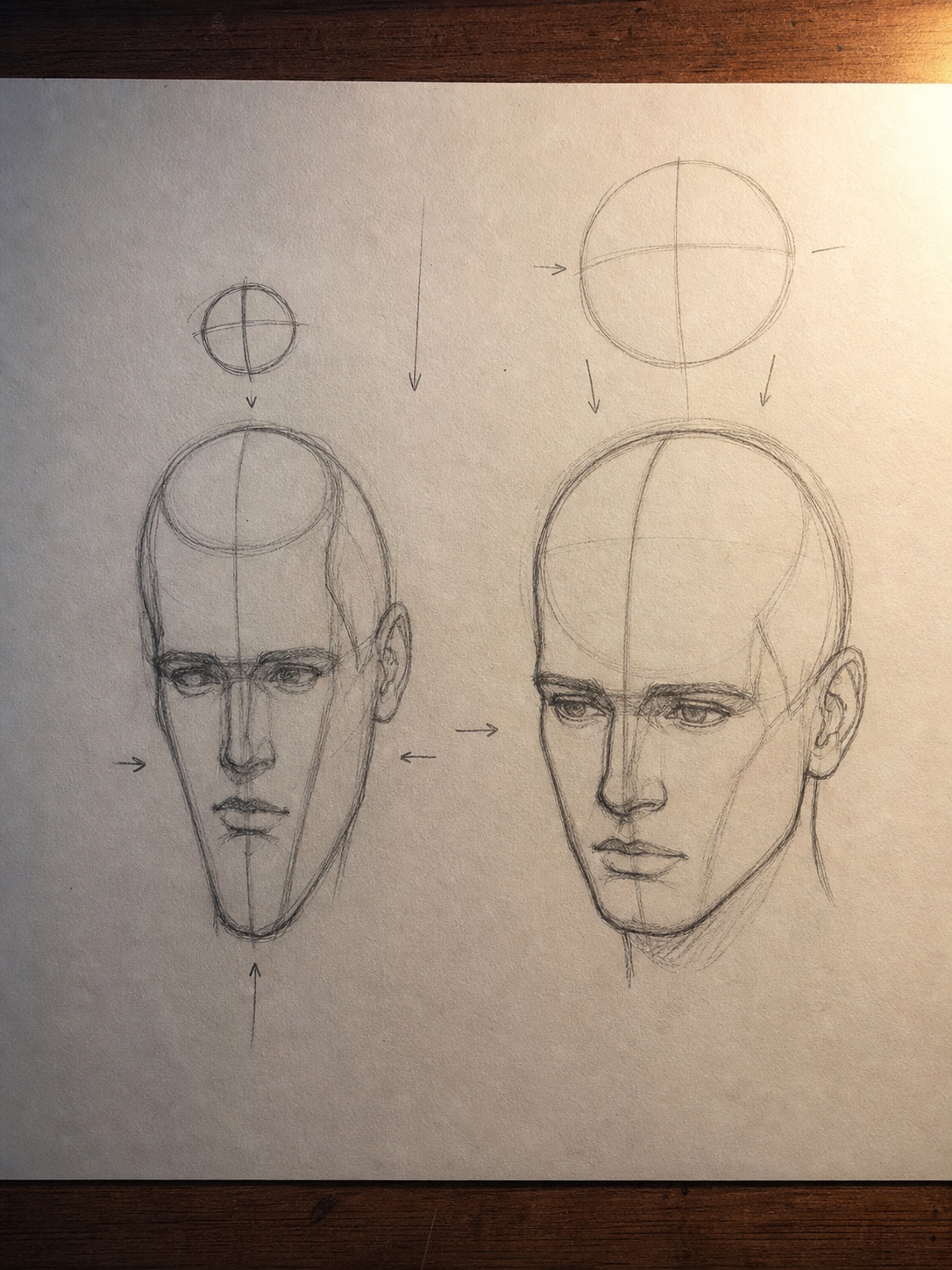 Loomis cranium size comparison sketch Side-by-side graphite sketches comparing an undersized cranium and a correctly proportioned Loomis head. | Sky Rye Design Side-by-side graphite sketches comparing an undersized cranium and a correctly proportioned Loomis head.