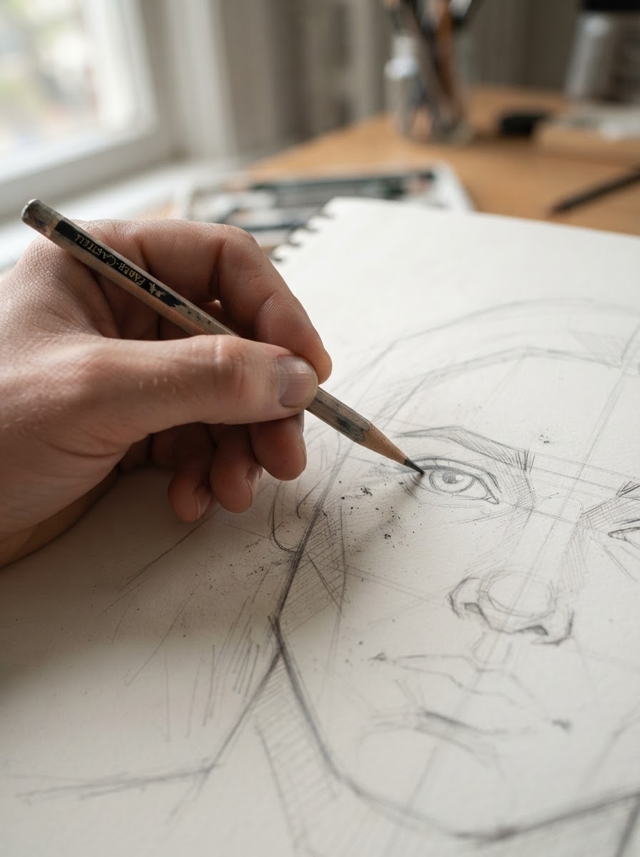 Loomis eye placement close-up Close-up of a pencil measuring eye-width spacing along a brow guideline on a portrait construction sketch. | Sky Rye Design Close-up of a pencil measuring eye-width spacing along a brow guideline on a portrait construction sketch.