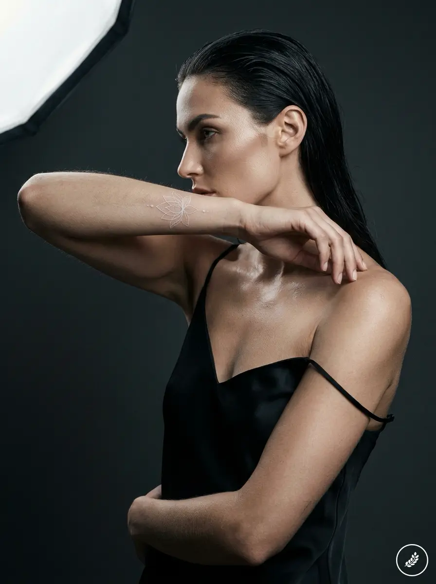 Woman in black silk slip dress, wet hair, side profile showing white lotus forearm tattoo against dark studio background