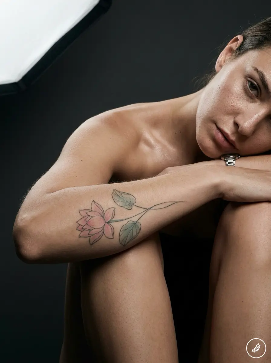 Close-up studio portrait of woman with pink lotus forearm tattoo, contemplative pose and soft directional lighting