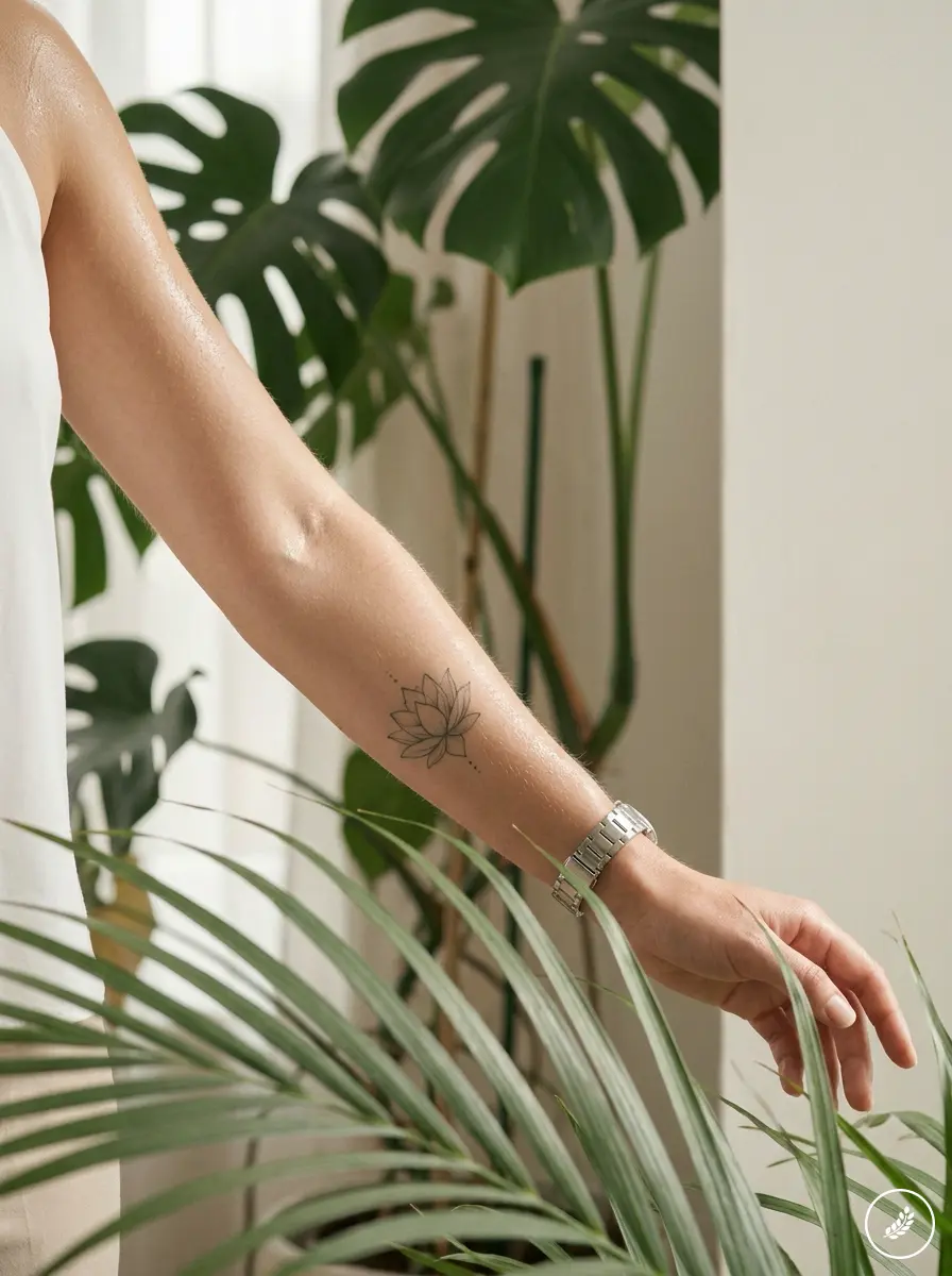 Woman's forearm with minimalist lotus tattoo and silver watch reaching among indoor tropical plants