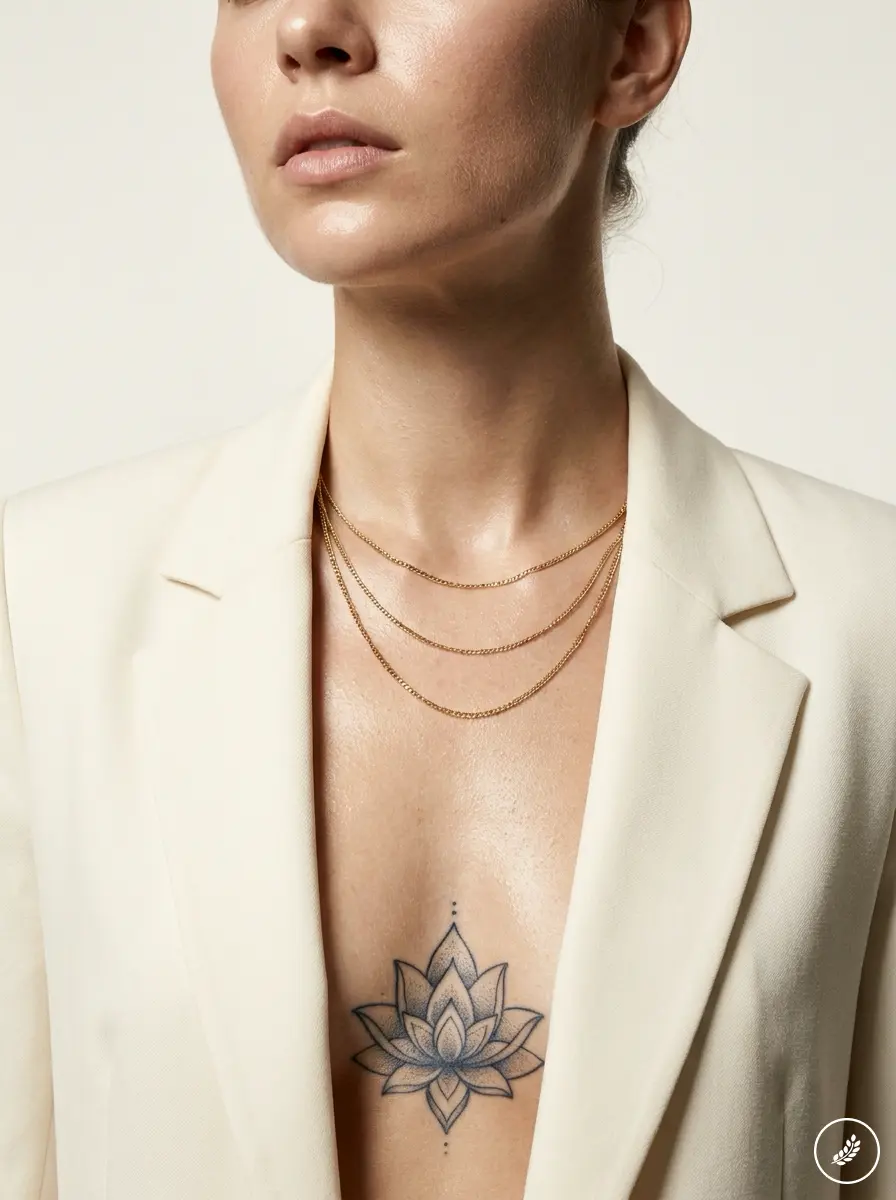 Layered gold necklaces and lotus chest tattoo on woman wearing cream blazer — minimalist jewelry fashion close-up