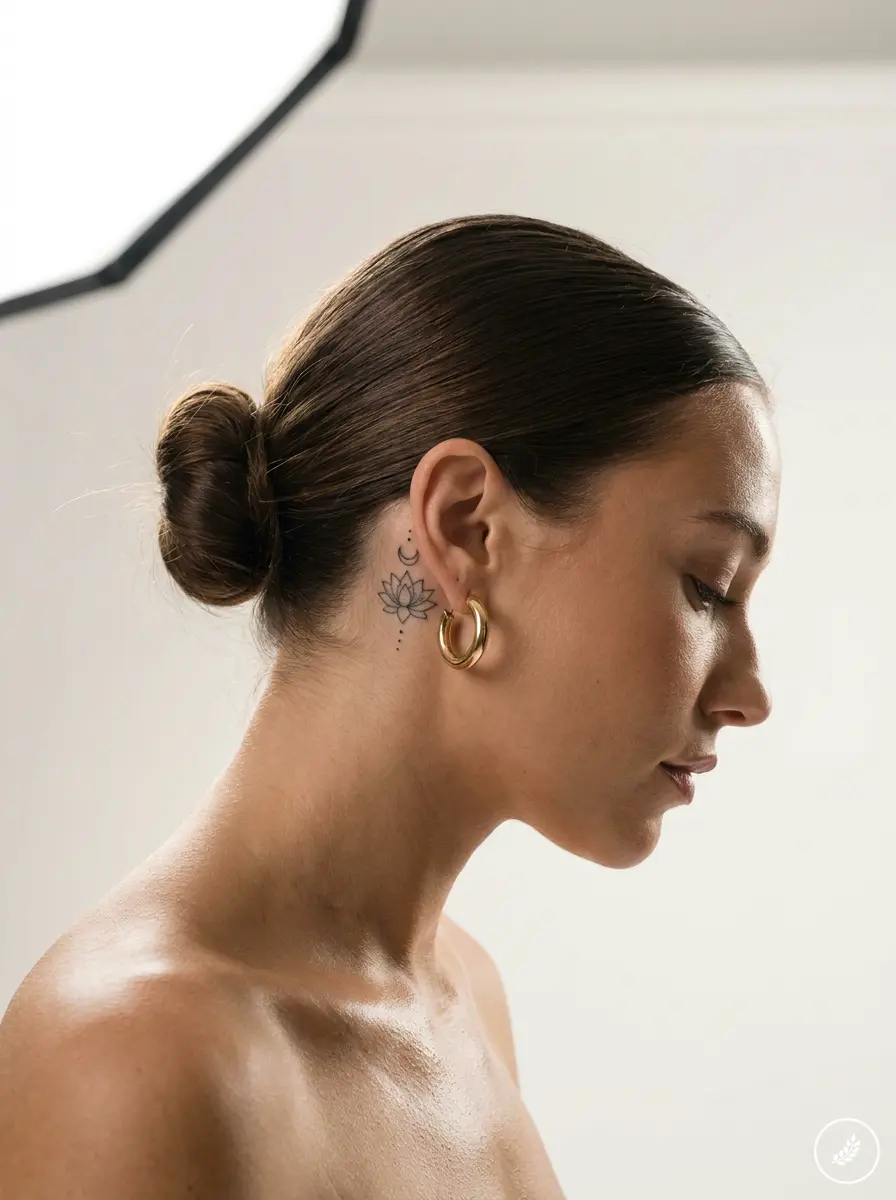 Close-up side profile of woman with bun, lotus neck tattoo and gold hoop earrings in studio lighting