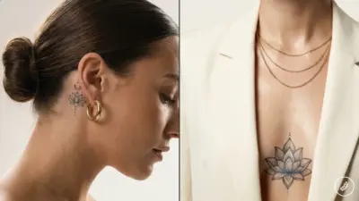 Lotus tattoos on woman's neck and chest, gold hoop earrings and layered gold necklaces, wearing beige blazer