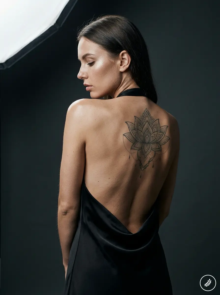 Studio portrait of woman in open-back black dress showing detailed lotus back tattoo under soft lighting