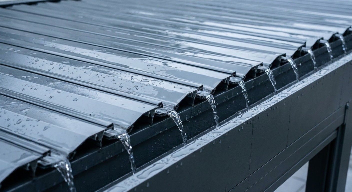 Louvered pergola roof fully closed with rain running off the sealed blades into an integrated gutter channel