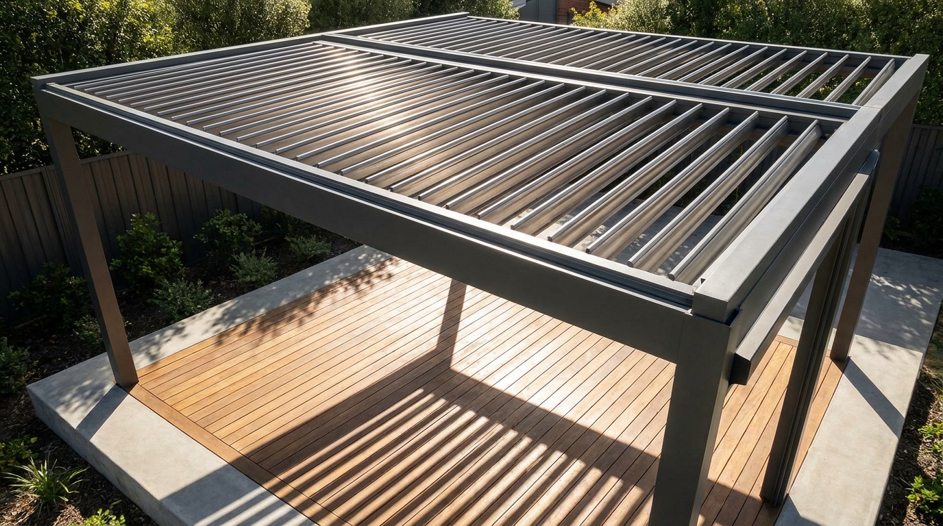 Aluminum louvered roof pergola with blades angled about 45 degrees casting striped light and shadow across a patio