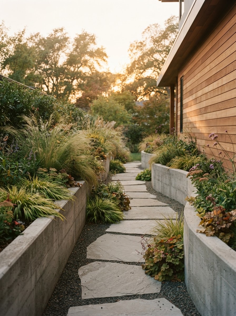 Low Care Built-In Concrete Planters Sleek modern built-in concrete planters filled with ornamental grasses and green perennials. | Sky Rye Design Sleek modern built-in concrete planters filled with ornamental grasses and green perennials.