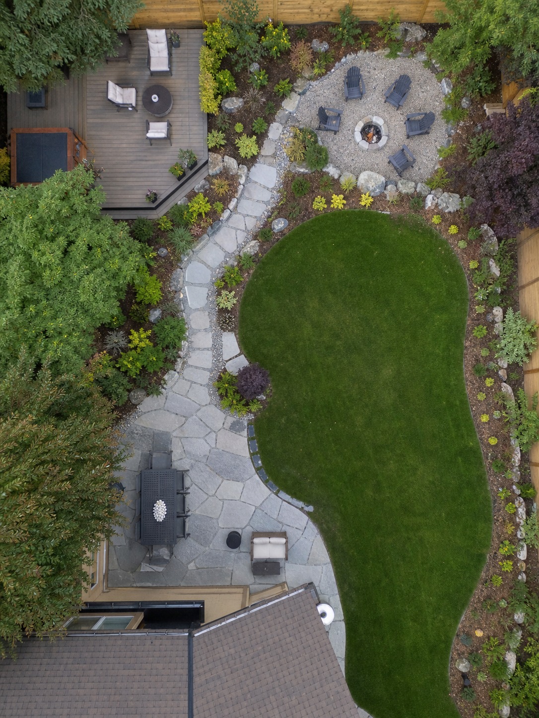 Low maintenance backyard zones connected by a stone path A top-down view of a backyard divided into outdoor zones and connected by a stone pathway. | Sky Rye Design A top-down view of a backyard divided into outdoor zones and connected by a stone pathway.