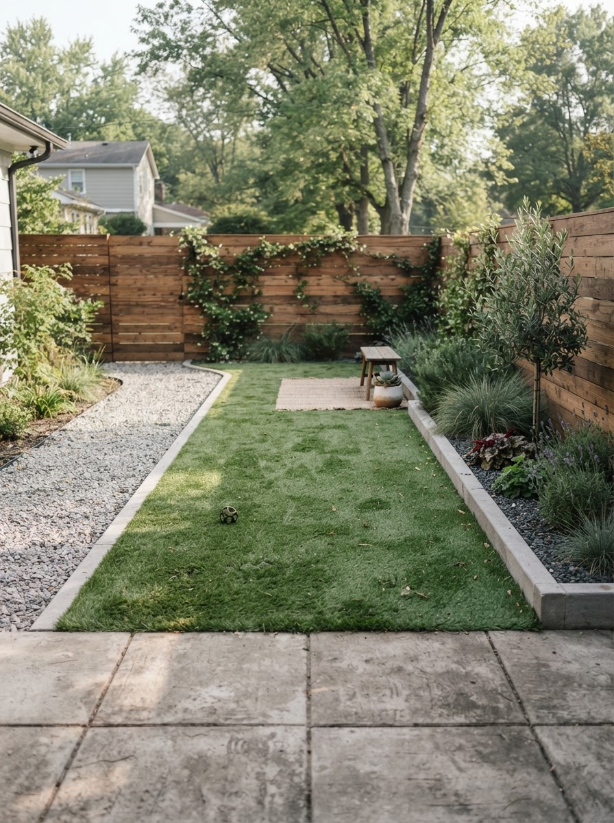 Low Maintenance Landscaping Yard Design Low-maintenance modern backyard design with artificial pet turf, gravel paths, and concrete garden borders. | Sky Rye Design Low-maintenance modern backyard design with artificial pet turf, gravel paths, and concrete garden borders.