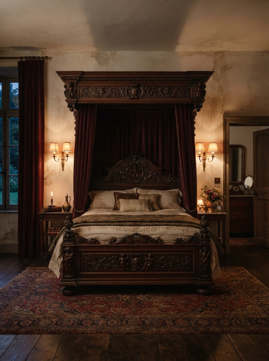 Luxurious Antique Carved Canopy Bed Cozy bed canopy ideas featuring warm lighting and soft beige bedroom drapes. | Sky Rye Design Cozy bed canopy ideas featuring warm lighting and soft beige bedroom drapes.