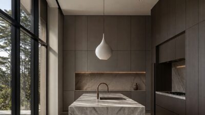 Ultra-modern luxury kitchen with a book-matched marble island, flush handleless cabinetry, and a single sculptural pendant light.