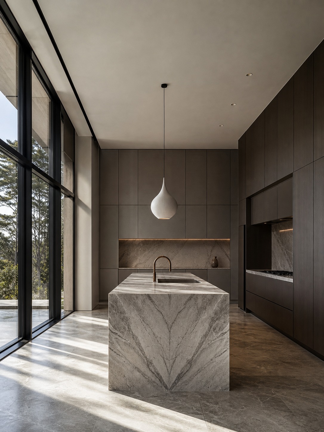 Ultra-modern luxury kitchen with marble island and flush cabinetry Ultra-modern luxury kitchen with a book-matched marble island, flush handleless cabinetry, and a single sculptural pendant light. | Sky Rye Design Ultra-modern luxury kitchen with a book-matched marble island, flush handleless cabinetry, and a single sculptural pendant light.