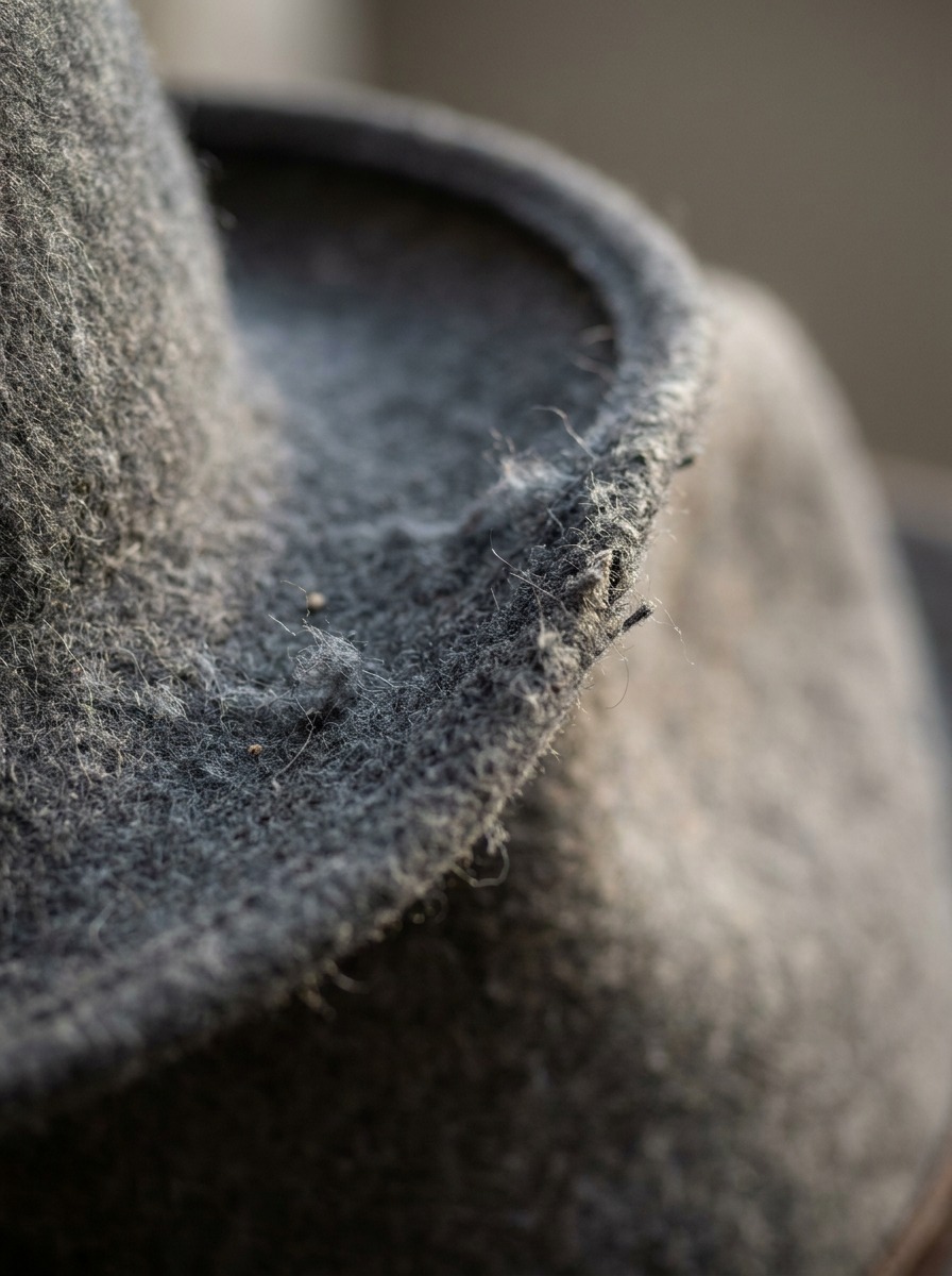 Extreme macro close-up photograph showing the soft felt fiber texture and nap on a curled cowboy hat brim edge.