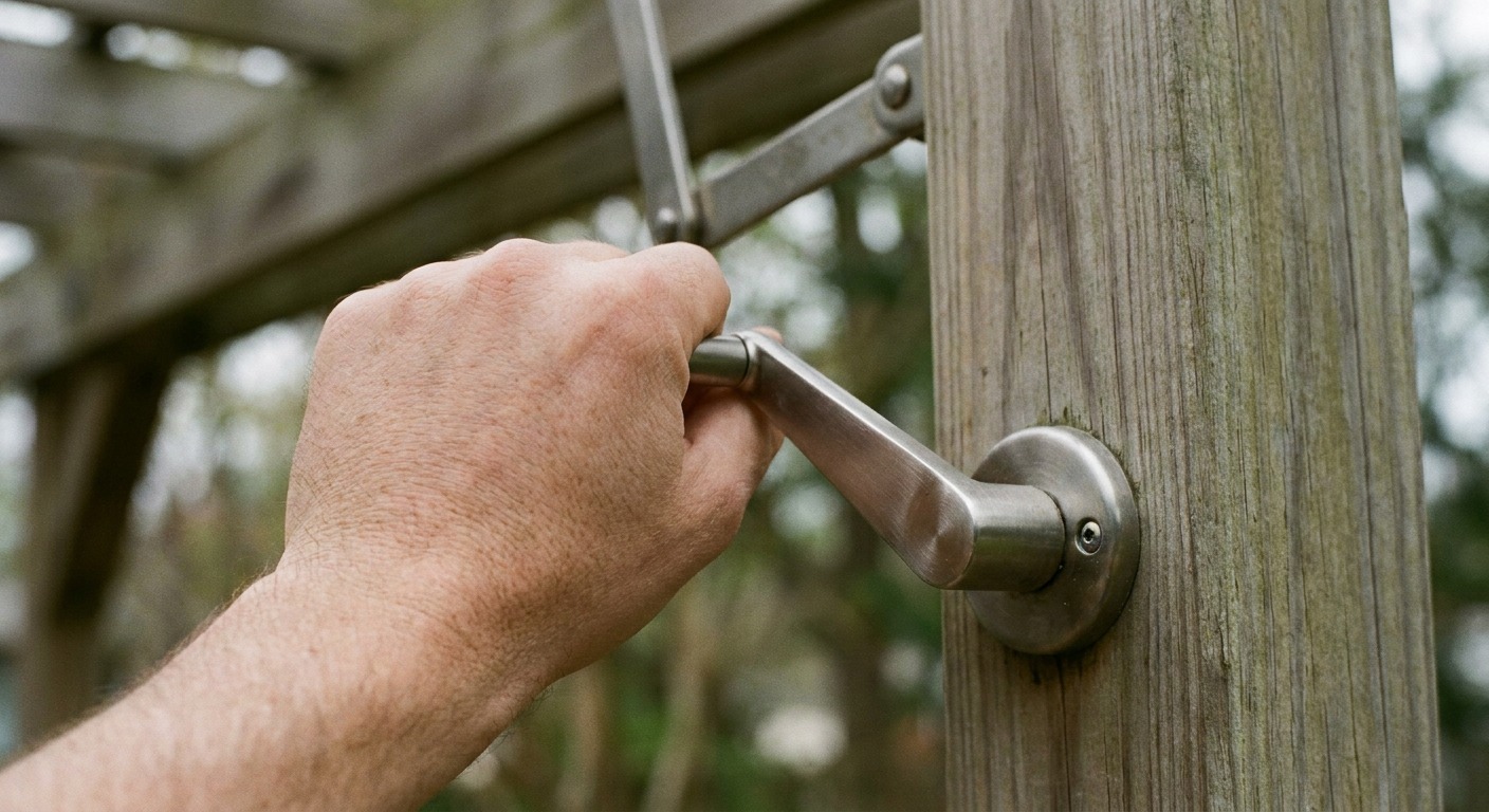 Hand turning a manual crank control mounted on a pergola support post